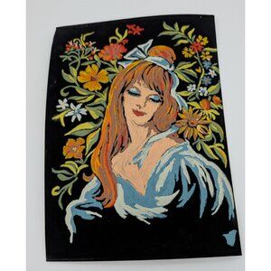1950s Paint by numbers painting on black velvet lady floral witchy groovy 14x10"